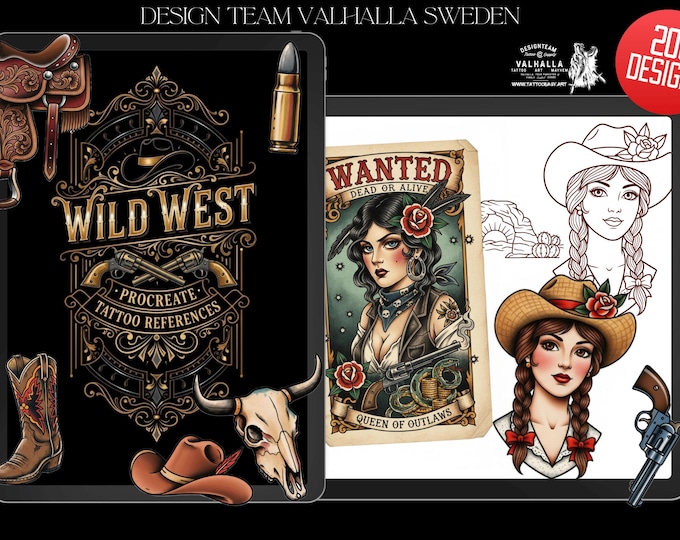 ProcreateTattoo Stamp Brushes, The Wild West (200 Designs)