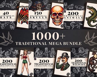May include: A digital collection titled 1000+ Traditional Mega Bundle featuring Procreate stamps. The set includes 40 bats, 150 skulls, 200 animals, 200 characters volume I and II, and 200 wildlife designs, displayed with colorful illustrations.