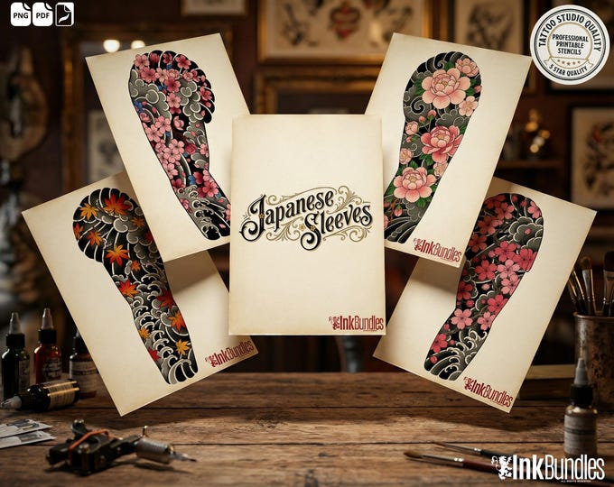 Japanese Traditional Sleeves, 4 irezumi bundles, sleeve stencils, Pdf, png & Procreate design bundle