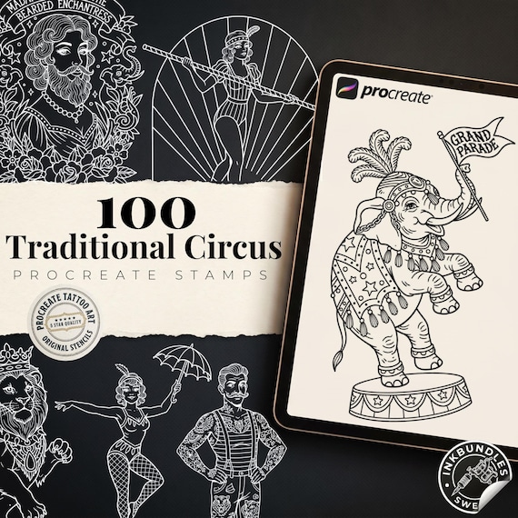 The Great Circus, 100+ Traditional Carneval tattoo stencils, Procreate & Pdf, png Original Art