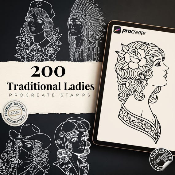 200+ Traditional Tattoo Ladies for Procreate | Old School Flash Stencils, Trad Girls Bundle