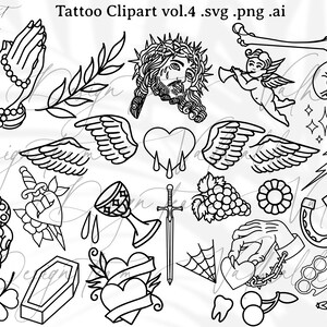 Clipart tatouage traditionnel vol.4 / lot de dessins inspirés d'un tatouage fait main pour autocollants, impressions, découpe. Formatez l'IA. SVG. PNG.