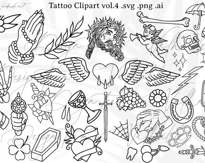Traditional tattoo clipart vol.4 / outlined handmade tattoo inspired design bundle for stickers, prints, cutting. Format AI. SVG. PNG.