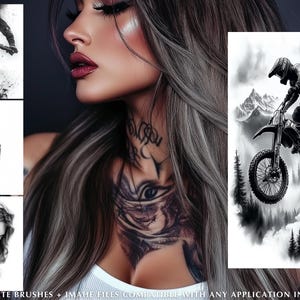 Pu&ograve; includere: Una raccolta di arte digitale con una donna con lunghi capelli grigi e tatuaggi, insieme a illustrazioni in scala di grigi di un pilota di motocross, Lady Justice e un ritratto classico. Il testo in basso recita "PROCREATE BRUSHES + IMAHE FILES COMPATIBLE WITH ANY APPLICATION INCLUDED."
