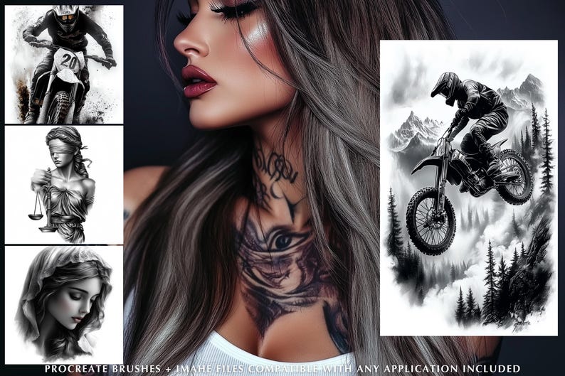 Pu&ograve; includere: Una raccolta di arte digitale con una donna con lunghi capelli grigi e tatuaggi, insieme a illustrazioni in scala di grigi di un pilota di motocross, Lady Justice e un ritratto classico. Il testo in basso recita "PROCREATE BRUSHES + IMAHE FILES COMPATIBLE WITH ANY APPLICATION INCLUDED."