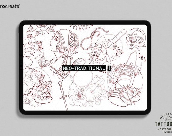Neo-Traditional vol.1, Procreate creative design kit & custom art! 300+ designs