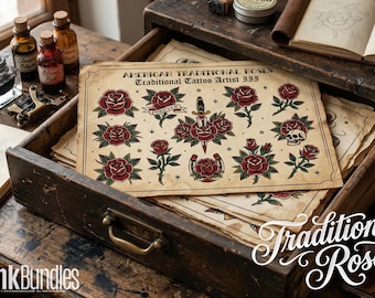 Traditional Tattoo Roses, 42 custom Procreate Stamps, artists reference library