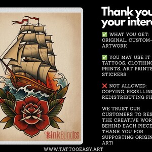 May include: A digital illustration of a sailing ship on waves above a large red rose. Text reads: Thank you for your interest! What you get: original, custom-made artwork. You may use it for: tattoos, clothing prints, art prints & stickers. Not allowed: copying, reselling, or redistributing files. We trust our customers to respect the creative work behind each piece. Thank you for supporting original art! www.tattooeasy.art