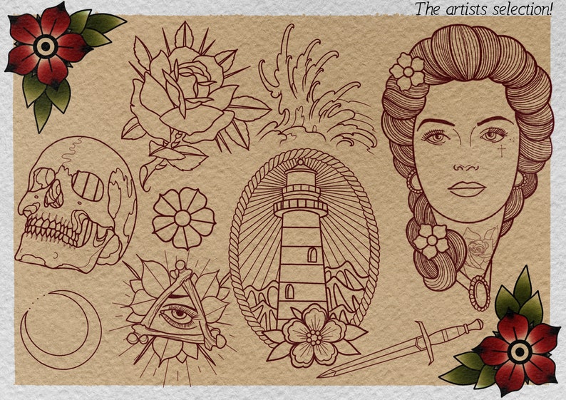 Tattoo stencil collection XL, over 600 designs drawn by hand References for Procreate image 5