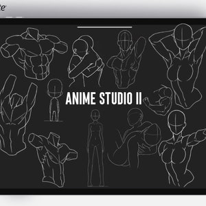 May include: A digital illustration of various anime character poses on a black background. The poses include full body, torso, and head and shoulders. The text "Anime Studio II" is in the center of the image.
