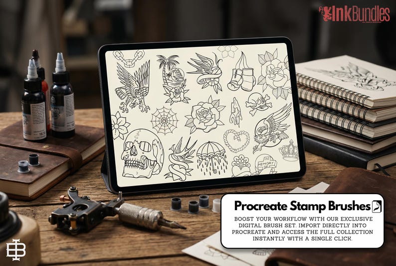 May include: A digital tablet displays various tattoo-style illustrations, including eagles, roses, skulls, and swallows. Tattoo ink bottles, a tattoo machine, and a stack of notebooks are on a wooden surface. The text "InkBundles" is visible.