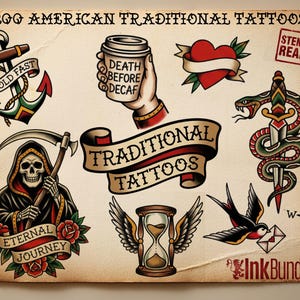 May include: A collection of American traditional tattoo designs on a vintage paper background. The designs include an anchor with "Hold Fast", a hand holding a coffee cup with "Death Before Decaf", a heart with a banner, a snake with a dagger, a grim reaper, an hourglass, and a swallow carrying a letter.