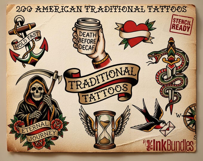 200+ American Traditional Tattoo Designs – Procreate Brushes & PNG Stencils (Digital Download)