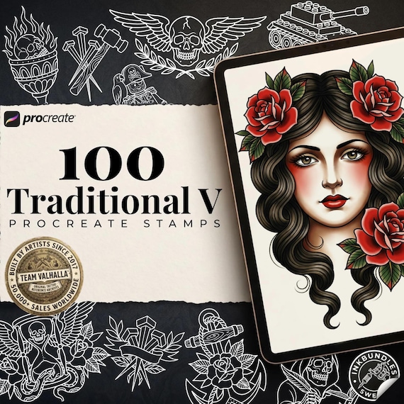 100 Traditional Tattoo Procreate Stamps, Old School Design Brushes (Digital Download)
