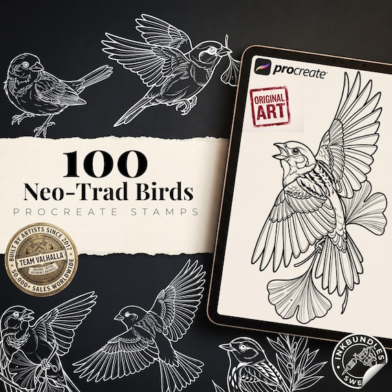 Neo Traditional Birds Tattoo Reference Kit, Procreate Stamps + PNG & PDF, 100+ Original Designs