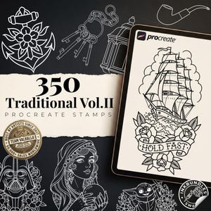 以下が含まれることがあります： Procreate用の350種類の伝統的なタトゥースタンプデザインのデジタルコレクション。船、錨、鍵、パイプ、仮面の人物、水晶玉を持つ女性、小さな生き物の白い線画イラストが暗い背景に描かれています。