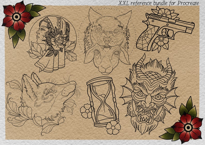 Tattoo stencil collection XL, over 600 designs drawn by hand References for Procreate image 9