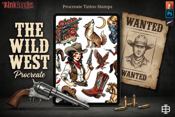 Traditional Wild Western Tattoo Design kit - Procreate & PNG | 200+ Classic Cowboy Tattoos