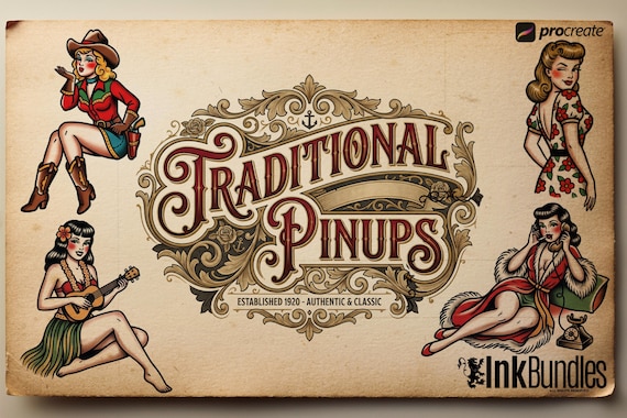 Traditional Pinup Design kit - Procreate & PNG | 170+ Classic old-scool , stencils ( digital download ) Tattoo Flash Art