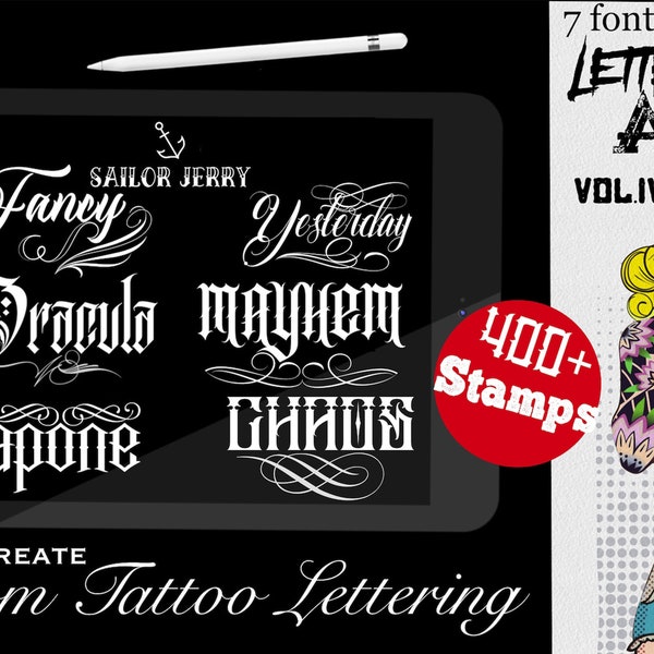 Lettering made easy vol.4, - mega pack, 400+ stamps -tattoo inspired fonts vol.4 / 7 fonts and some extra font stuff