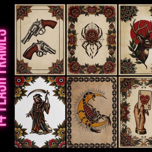 May include: A collection of 6 vintage-style flash art prints. Each print features classic tattoo imagery, including revolvers, a spider with a rose, a deer, the Grim Reaper, a scorpion, and a hand holding a playing card. The prints are framed with floral borders.