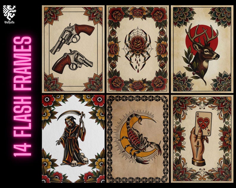 May include: A collection of 6 vintage-style flash art prints. Each print features classic tattoo imagery, including revolvers, a spider with a rose, a deer, the Grim Reaper, a scorpion, and a hand holding a playing card. The prints are framed with floral borders.