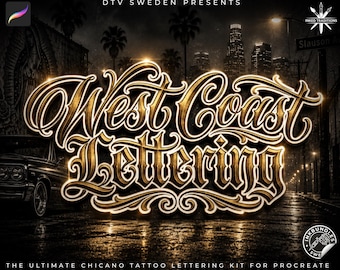 May include: A digital graphic featuring the gold-toned text West Coast Lettering in a stylized script font. The background displays a dark urban street scene at night with a vintage car, palm trees, city buildings, and the text DTV SWEDEN PRESENTS.