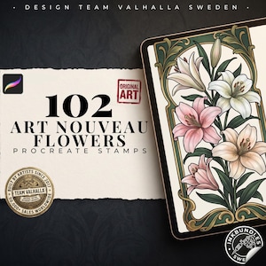 Puede incluir: Un conjunto de arte digital titulado 102 Art Nouveau Flowers Procreate Stamps de Design Team Valhalla Sweden. La imagen presenta texto y un marco rectangular que contiene una ilustración botánica de lirios rosas y blancos con hojas verdes.