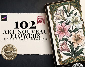 May include: A digital art set titled 102 Art Nouveau Flowers Procreate Stamps by Design Team Valhalla Sweden. The image features text and a rectangular frame containing a botanical illustration of pink and white lilies with green leaves.