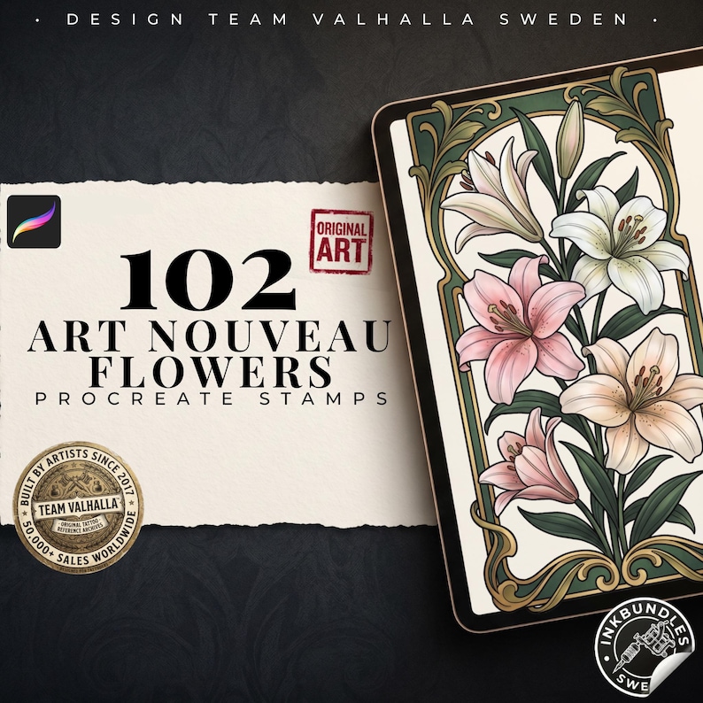 Art Nouveau Flowers – 102 Procreate Stamps, PNG Stencils & Color ...