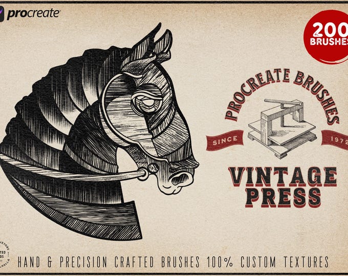 Procreate - The Vintage Press,retro printmaking & engrave brushes, 200 brushes for Procreate, unique textures, creative brushes / textures