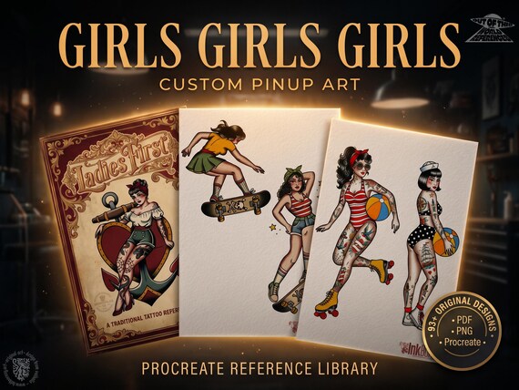 Procreate 93 Traditional Pinup design kit, creative unique tattoo flash reference bundle for artists
