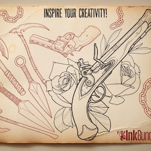 May include: Illustration featuring various weapons, including axes, knives, a revolver, and a flintlock pistol, with roses and chain links. The text "INSPIRE YOUR CREATIVITY!" is at the top. The InkBundles logo is at the bottom.