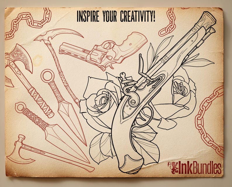May include: Illustration featuring various weapons, including axes, knives, a revolver, and a flintlock pistol, with roses and chain links. The text "INSPIRE YOUR CREATIVITY!" is at the top. The InkBundles logo is at the bottom.
