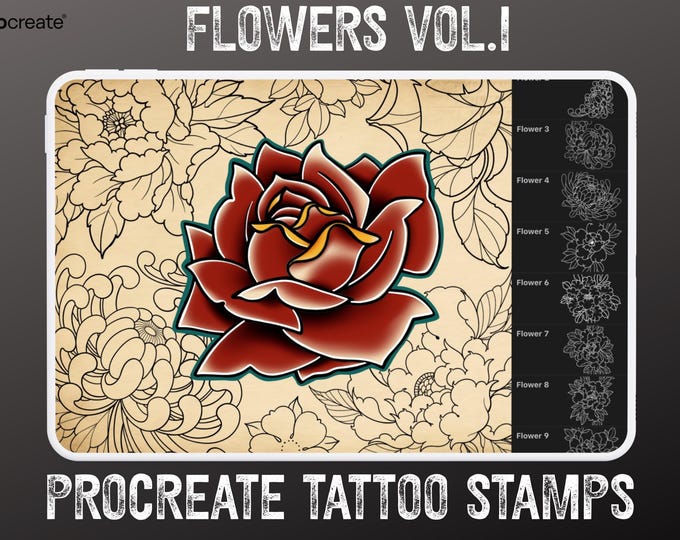 Procreate Tattoo Stamps: Flowers vol.1 Flash Art Reference Bundle (Digital Download) 30 designs!