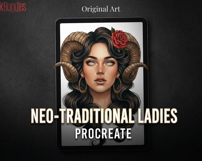 Neo-Traditional Tattoo References, Procreate Stamps & Flash Art, Procreate/Photoshop 300+