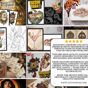 May include: A digital collage showcasing various tattoo design assets, including illustrations of a ferret, a fox, a frog eating ramen, a skull with a sword, a pin-up in a martini glass, and an omamori charm, alongside text promoting artist references.