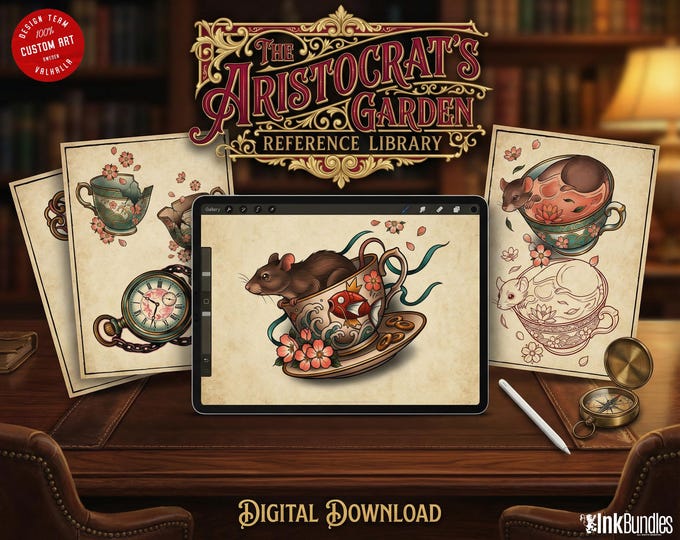 Neo Traditional Tattoo Bundle | Tea Party Tattoo Designs | Procreate + PNG | Floral Teacup Art | Download