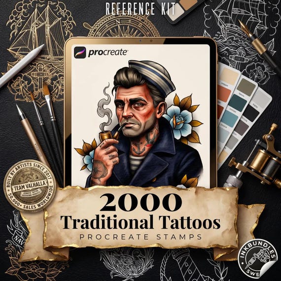 PROCREATE American Traditional vol.1 & 2   - 2500+ files, Old School Tattoo Flash Design Kit, Original Stencils