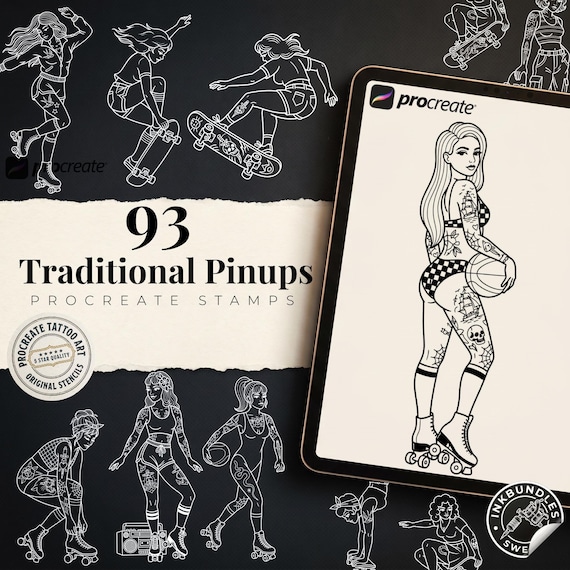 Procreate 93 Traditional Pinup design kit, creative unique tattoo flash reference bundle for artists
