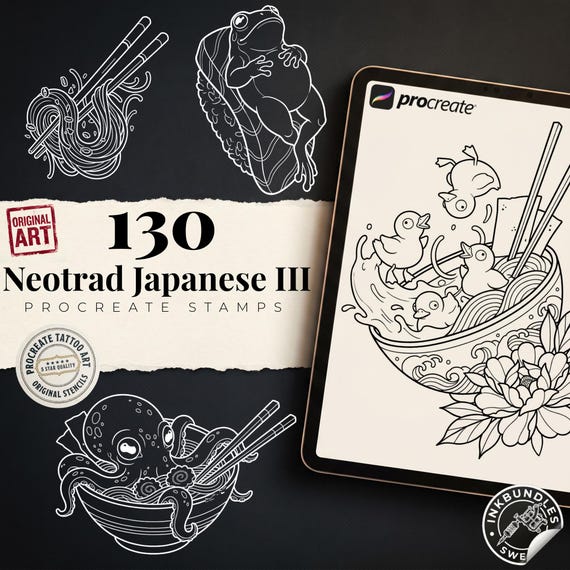 Procreate Sushi-Yama Reference Bundle, Custom design kit, Neo-Traditional Tattoo Flash Art