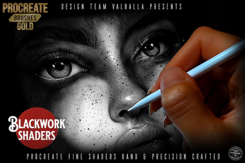 May include: Black and white illustration of a woman's face with freckles, being drawn with a stylus. The image includes the text "PROCREATE BRUSHES GOLD" and "BLACKWORK SHADERS".