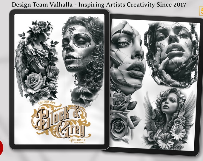 Black & Grey vol.2 ~ 100+ custom made, stencil ready tattoos from Design Team Valhalla