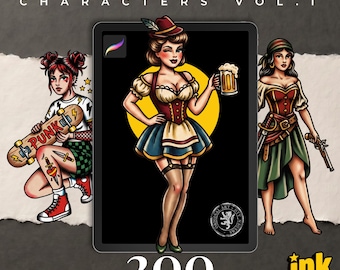 May include: A digital collection of 200 Procreate stamps titled TRADITIONAL CHARACTERS VOL. I. The image displays three illustrated characters: a punk skater, a person in a dirndl holding a beer mug, and a pirate holding a flintlock pistol.