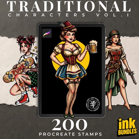 Procreate 200 Traditional characters, Tattoo design Set,  Brushset, original stencils