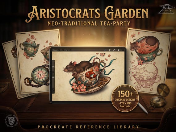 Procreate Original Neo Traditional Tattoo Bundle | Tea Party Tattoo Designs | + PNG | Floral Teacup Art |