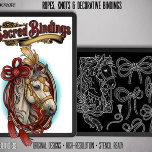 Könnte beinhalten: Digitales Kunstwerk mit einem weißen Pferd mit goldenen und roten Zierbindungen, einer Schleife und Quasten. Der Text "Sacred Bindings" wird über dem Pferd angezeigt. Das Bild enthält auch eine Strichzeichnung eines Pferdes und verschiedene Seilknoten.