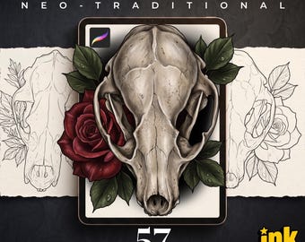 May include: A digital illustration of an animal skull centered on a tablet screen, flanked by a deep red rose and dark green leaves. The text reads ANIMAL SKULLS NEO-TRADITIONAL, 57 PROCREATE STAMPS, and ink BUNDLES. Two line-art sketches flank the center.