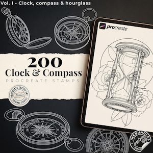 May include: A digital collection of 200 clock and compass Procreate stamps featuring line art illustrations of timepieces, navigational compasses, and an hourglass with roses displayed on a tablet screen with the text Vol. I - Clock, compass & hourglass.