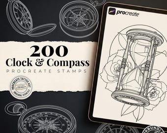 Clock Compass Procreate Brushes, Pocket Watch Tattoo Stencils, Timepiece Stamps Digital Download